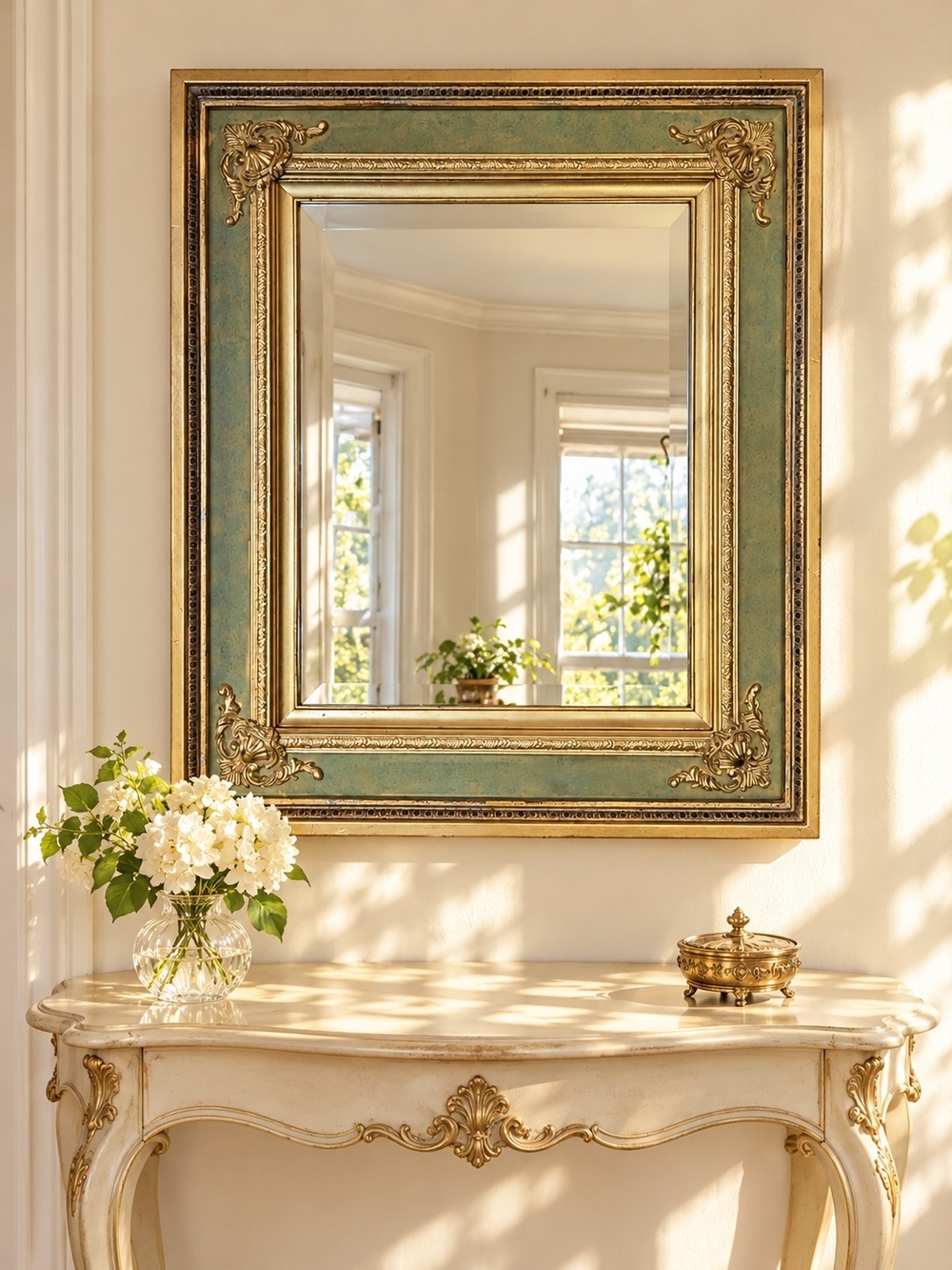 Vintage 30s Gold and Sage Green Ornate Wall Mirror